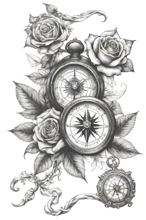 Clock And Compass With Rose