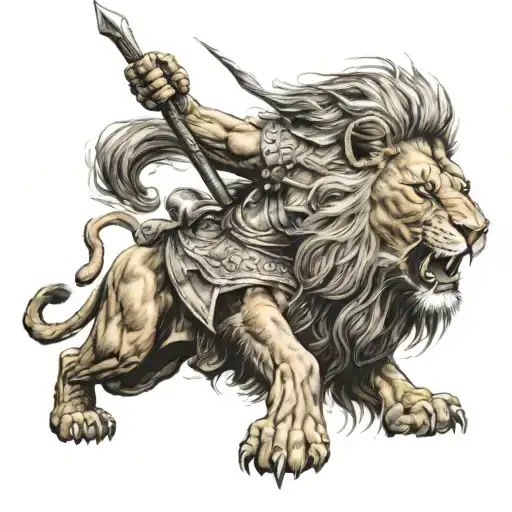 A Lion Roaring With A Spartan Kneeling And Holding A Spear In The Mouth