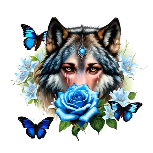 Warrior Wolf Woman Crying Eye Rose Lilly Blue Butterflies