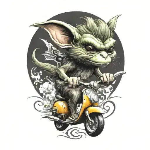 Gremlin Riding A Scooter Curly Hair