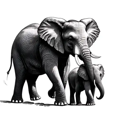 Father Elephant With One Daughter Elephant On Each Side Walking