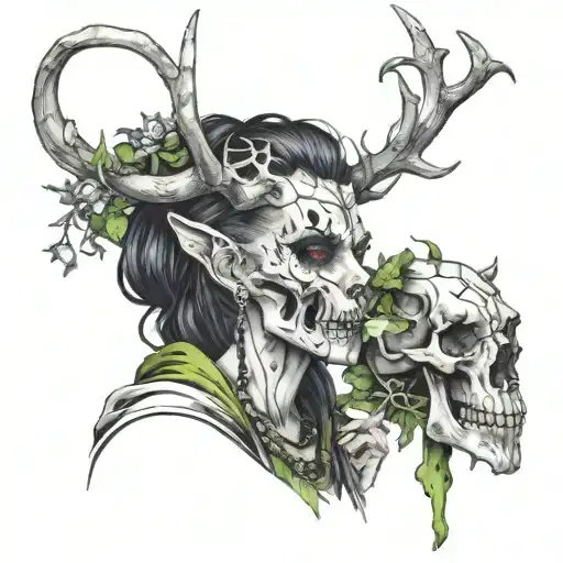Demon Witch With Fangs Horn And Black Cloak Holding Mossy Deer Skull