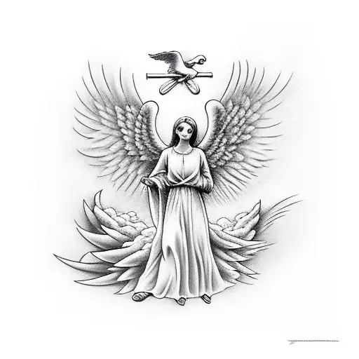 Angel With A Sheep And Dove Flying In The Sky At The Gates Of Heaven