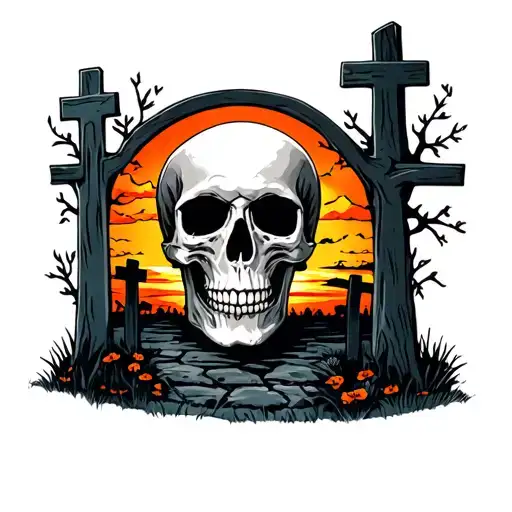 Skull In Graveyard And Sunset