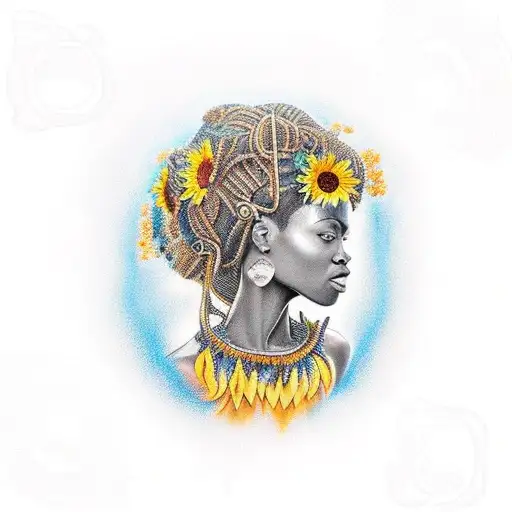 African Goddess Emerging From The Water With Sunflowers Floating Around Her