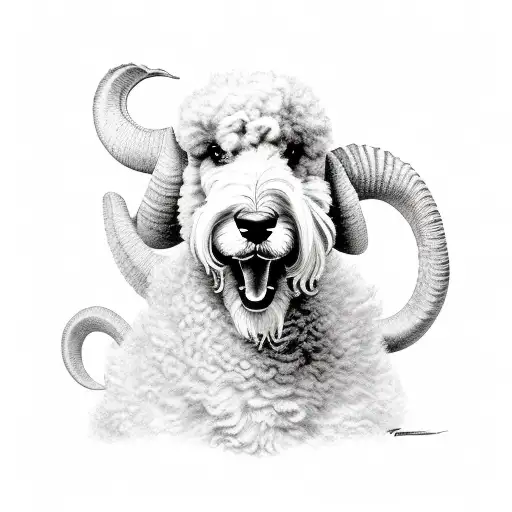 A Realistic Portrait Of A Sheepadoodle Surrounded By Dinosaur Fossils