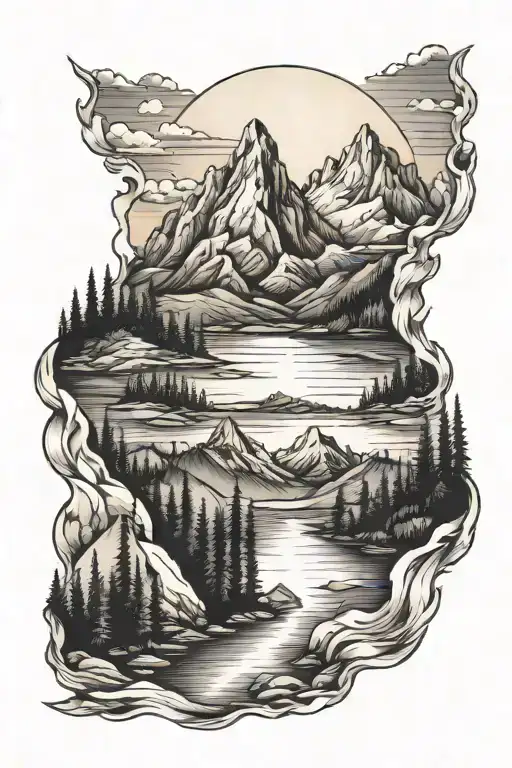 Mountains Sunset Lake Scene