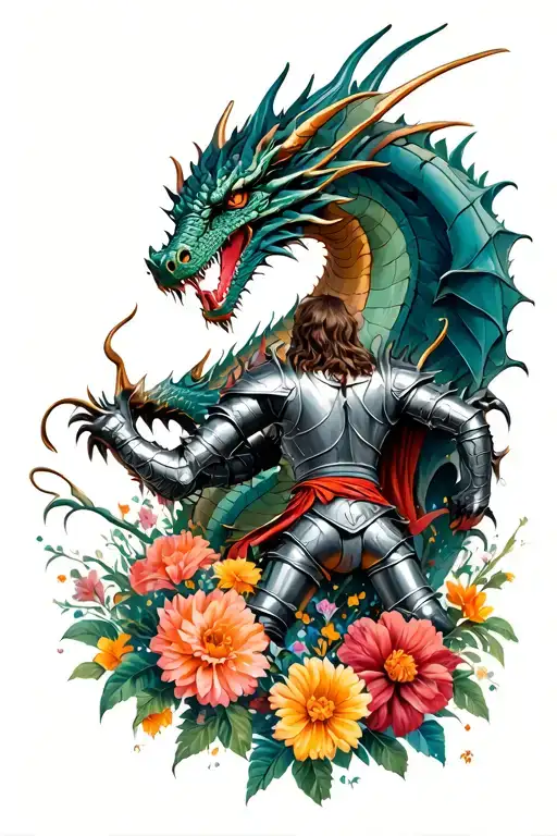 Knight Fighting A Dragon Surrounded By Flowers