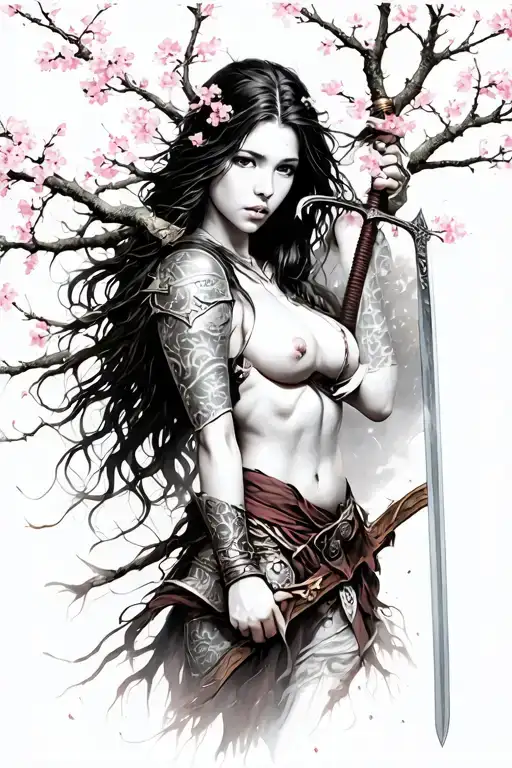 Woman Tree Warrior Intertwined With Cherry Blossom Branches Holding Sword Attractive Sensual