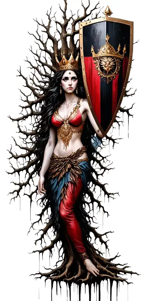 A Tree Goddess Protecting Her Daughters With A Shield Made Of Branches With A Crown