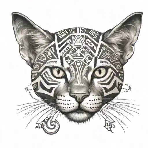 A Realistic Portrait Of A Cat With Aztec Symbols Incorporated Into The Design