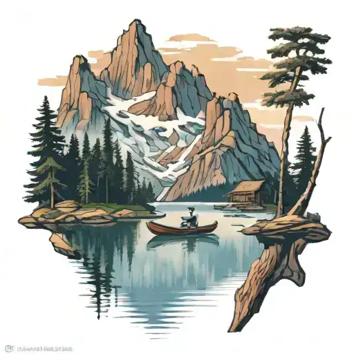 Woody Mountain Landscape With Lake In Foreground With Canoe In Lake