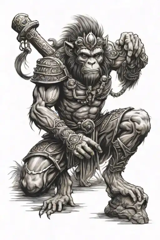 Monkey King Kneeling With Head Stones In The Back Ground
