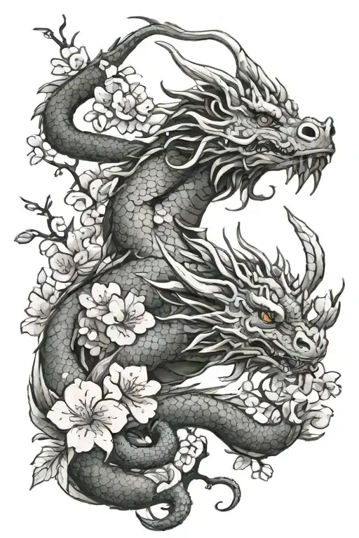 Dragon With Cherry Blossoms In The Air Around It