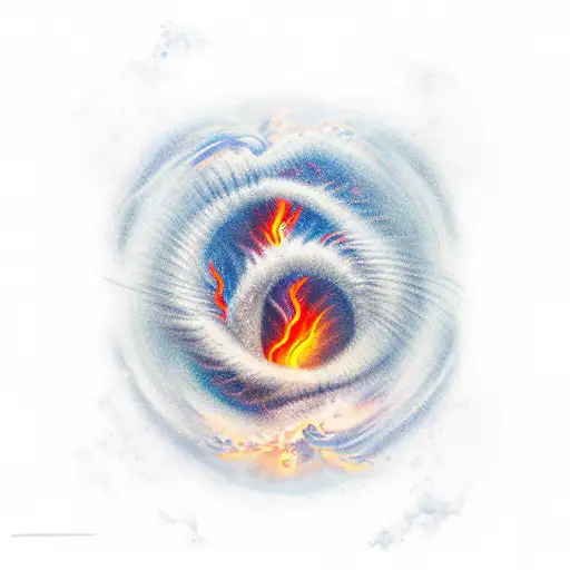 Person Walking Through A Tornado Of Water And Fire Without Being Touced