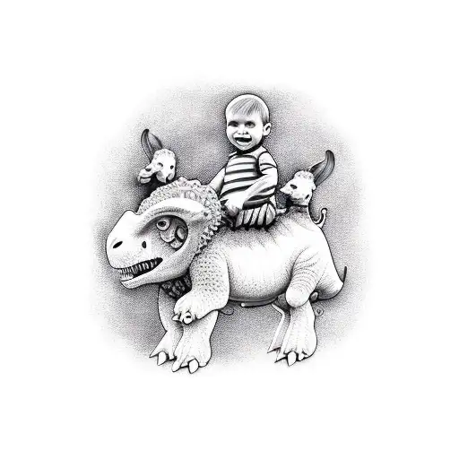 A Realistic Tattoo Of Your Three Kids Riding On The Back Of A Sheepadoodle-dinosaur Hybrid