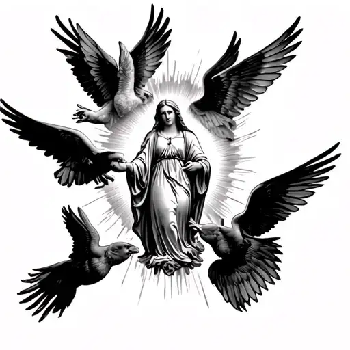 Virgin Mary With Grown Angels Flying Towards The Sun