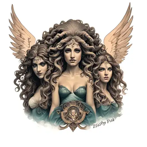 The Gorgon Sisters With Medusa In The Main Plane And The Others Behind