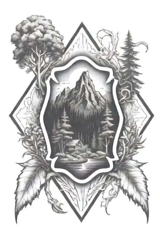 A Firefighter Emblem Surrounded By Nature Elements Like Trees And Mountains