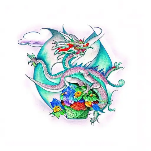 Dragon With Flowers And Clouds
