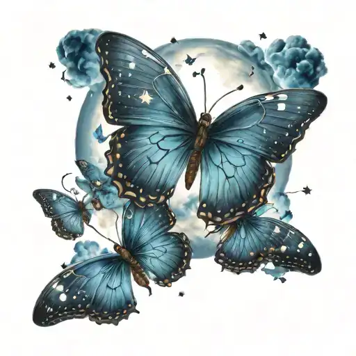 Blue Butterflies With Moon And Stars With Clouds In The Background And Small Lighting Bolts Giving