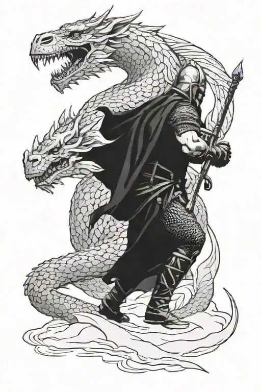 A Blackwork Tattoo Of A Viking Warrior Battling A Dragon In A Snowy Landscape