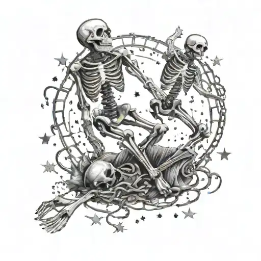 Chains And People Grabbing Skeletons Legs While Skeleton Reaching For Stars