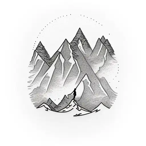 Tattoo Of A Mountain Range With A Lone Hiker Conquering The Peaks