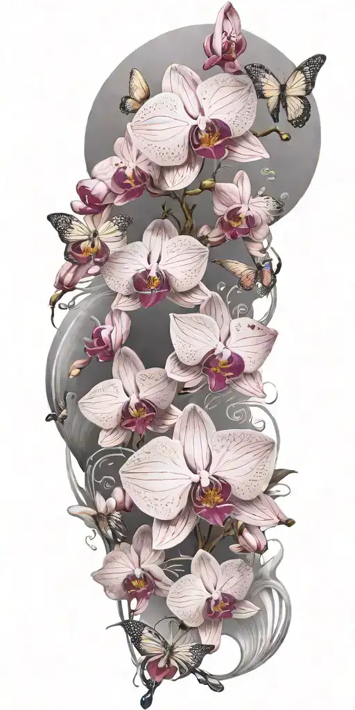 Pink Orchids With Graceful Butterflies In Flight