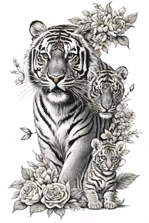 Tiger And A Baby Tiger Wit A Lot Of Flowers