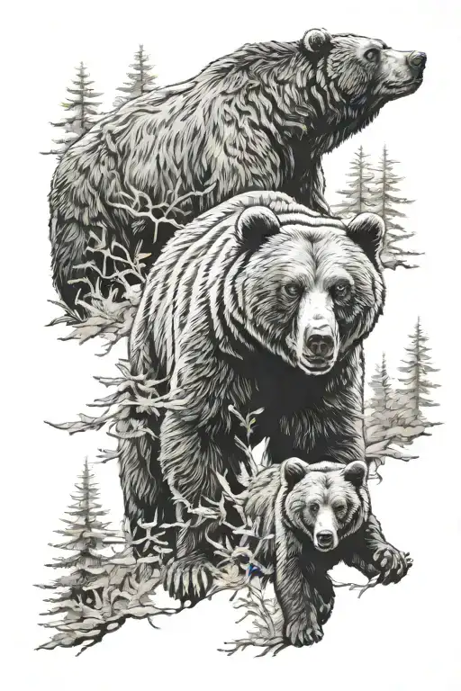 Grizzly Bear Protecting Cub In Forest Scene