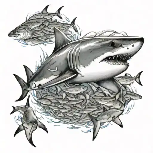 Shark Swimming In The Middle Of A School Of Fish