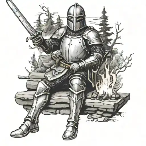 Knight Resting With Sword Next To Campfire