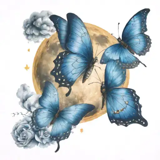 Blue Butterfly With Moon And Stars With Clouds In The Background And Small Lighting Bolts Giving