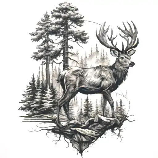 A Detailed Blackwork Tattoo Of A Majestic Deer In A Dense Forest Setting