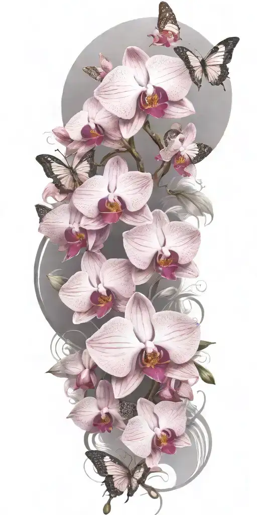 Pink Orchids With Graceful Butterflies In Flight