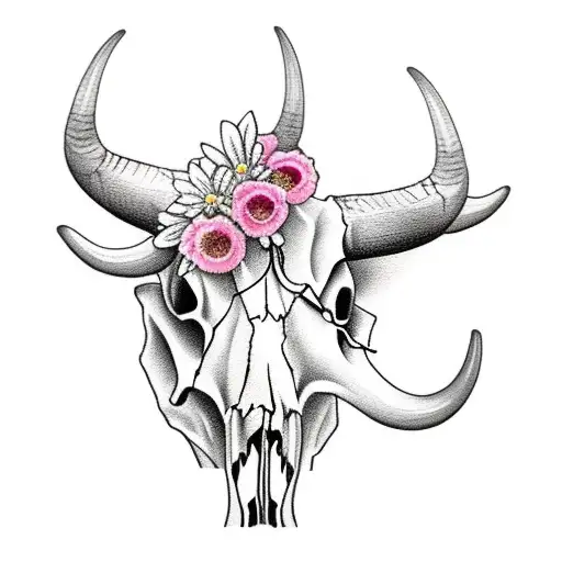Long Horn Cow Skull With Flowers