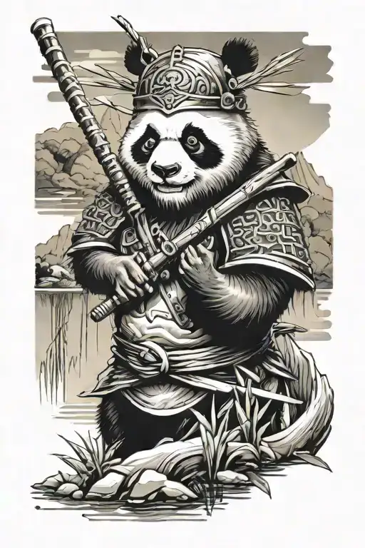 Panda In Samurai Helmet Holding A Katana With Half A Wing By A River With Bamboo Shoot Nearby