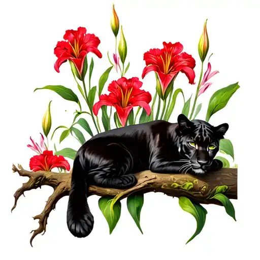 Panther Laying On Tree With Red Carnations Iris Lily