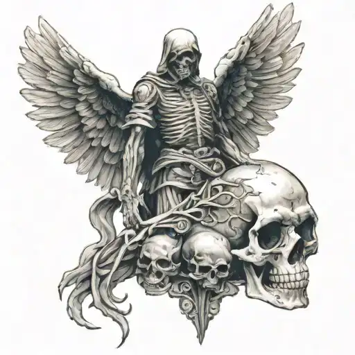 Tattoo On The Forearm With The Angel Of Death Standing On A Skull Looking Up