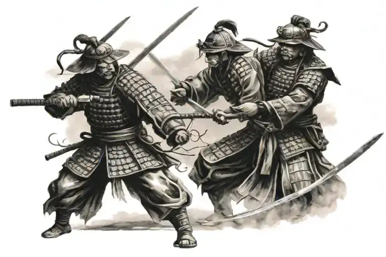 2 Samurai Fighting With Katana With A Pagoda In The Background