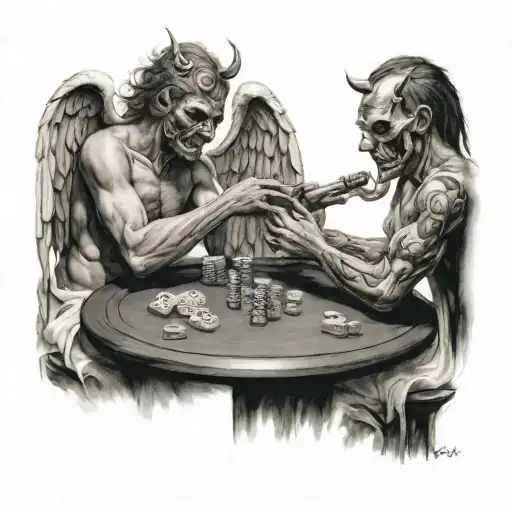An Angel And Demon Playing Russian Roulette At A Table Facing Each Other