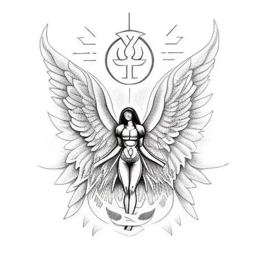 A Lifting-themed Tattoo With A Dotwork Angelic Figure Surrounded By Light And Dark Contrast