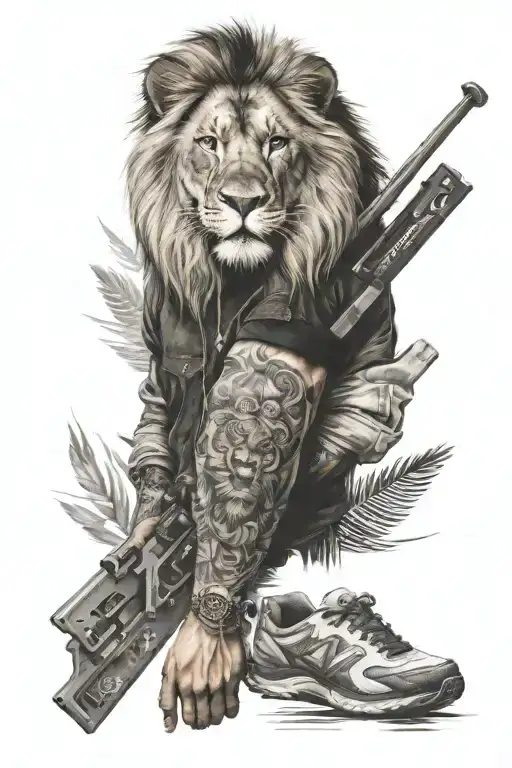 Forearm Tattoo With Lion On Front And A Guy With Ski Masks On Back