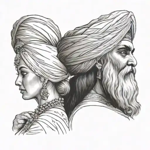 Sikh Turban Man With His Wife And With Two Daughters From Backside