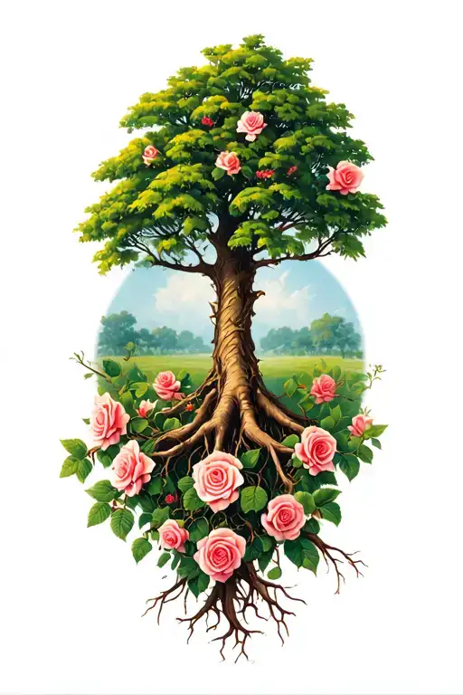 Rowan Tree With Roses Blooming From Roots