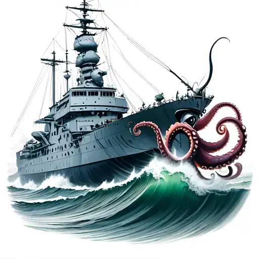 Octopus Attacking Old Battleship In Big Waves Crashing