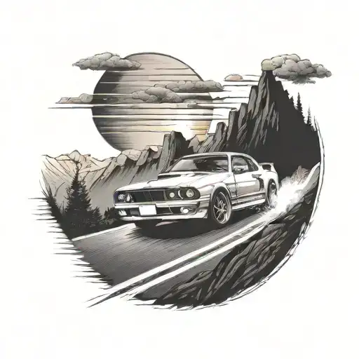 A Realistic Depiction Of A Jdm Car Drifting On A Mountain Road With A Rising Sun In The Background