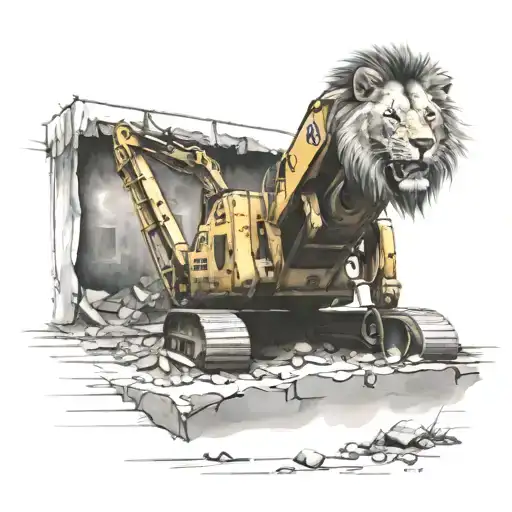 An Excavator Digging Up A Stage With A Lion Roaring On Top