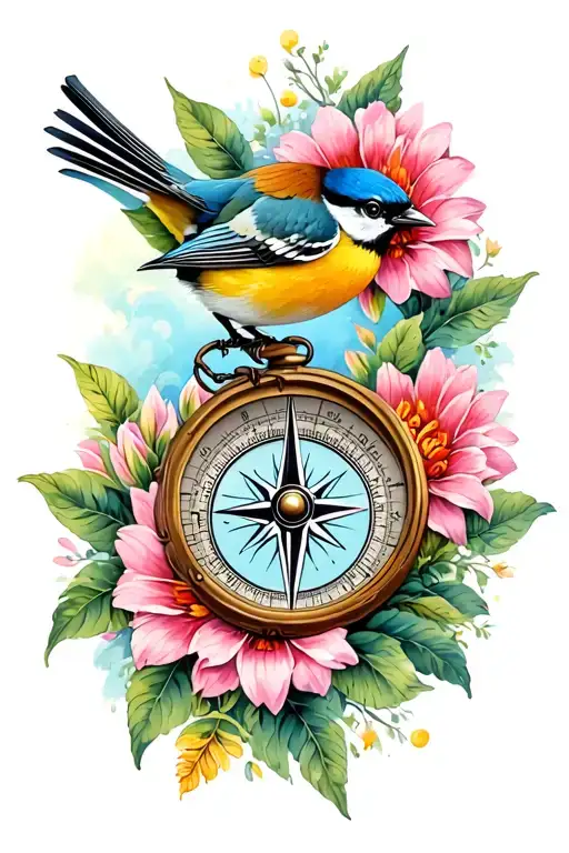 Navigation Compass And Flower And Sparrow